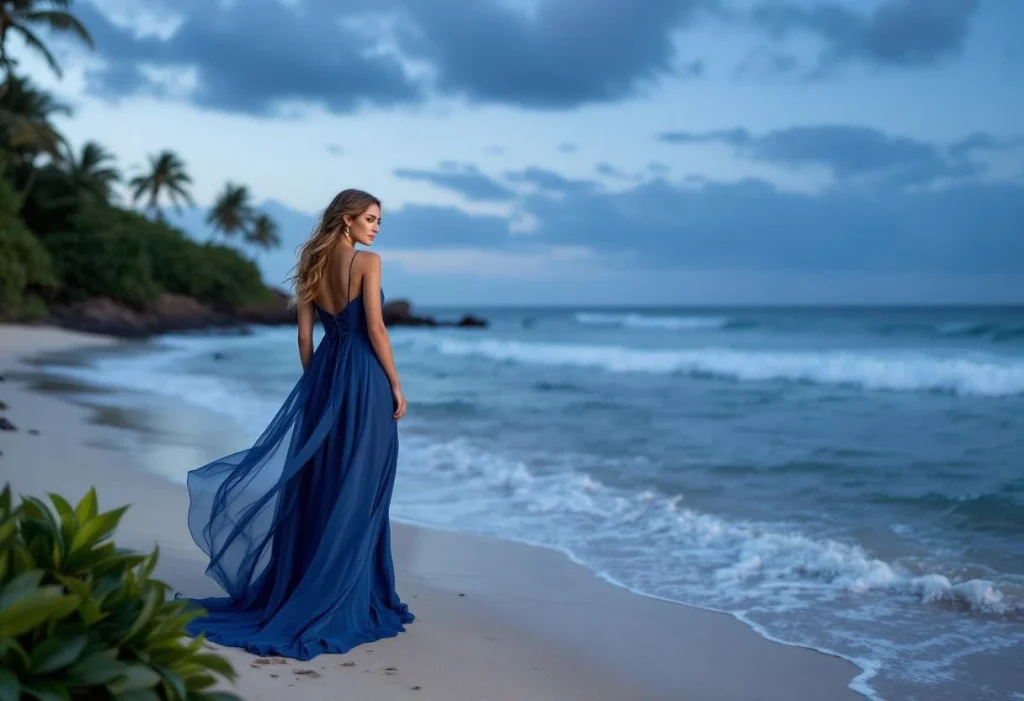Voyager en bleus profonds : les robes de demoiselles d’honneur qui brillent du crépuscule aux tropiques