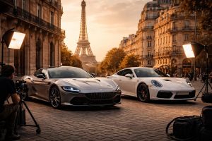 découvrez un shooting automobile professionnel exceptionnel mettant en scène une ferrari roma et une porsche 911 dans les lieux emblématiques de paris. captures élégantes et passion automobile garanties.