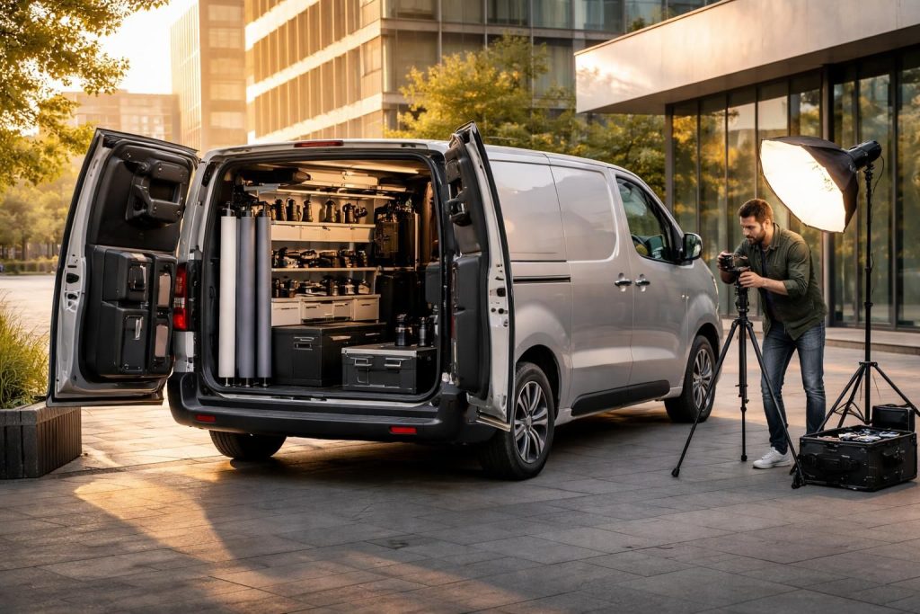 Transport professionnel pour photographes avec fourgon Citroën Jumpy aménagé et studio mobile