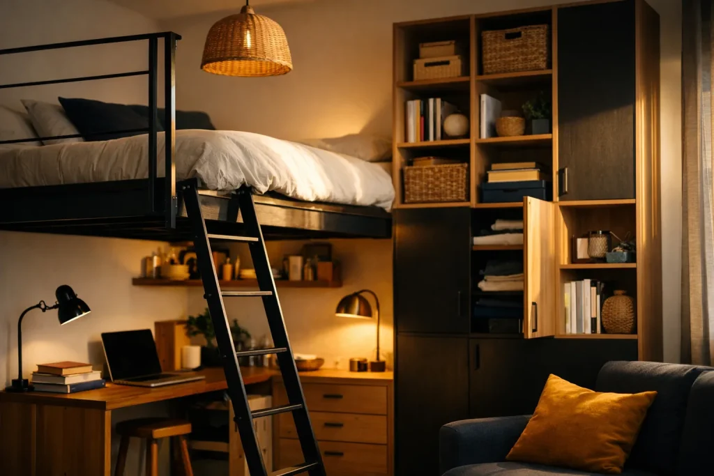 Un studio de 20 m² se meuble en hauteur : mezzanine, rangements, lumière